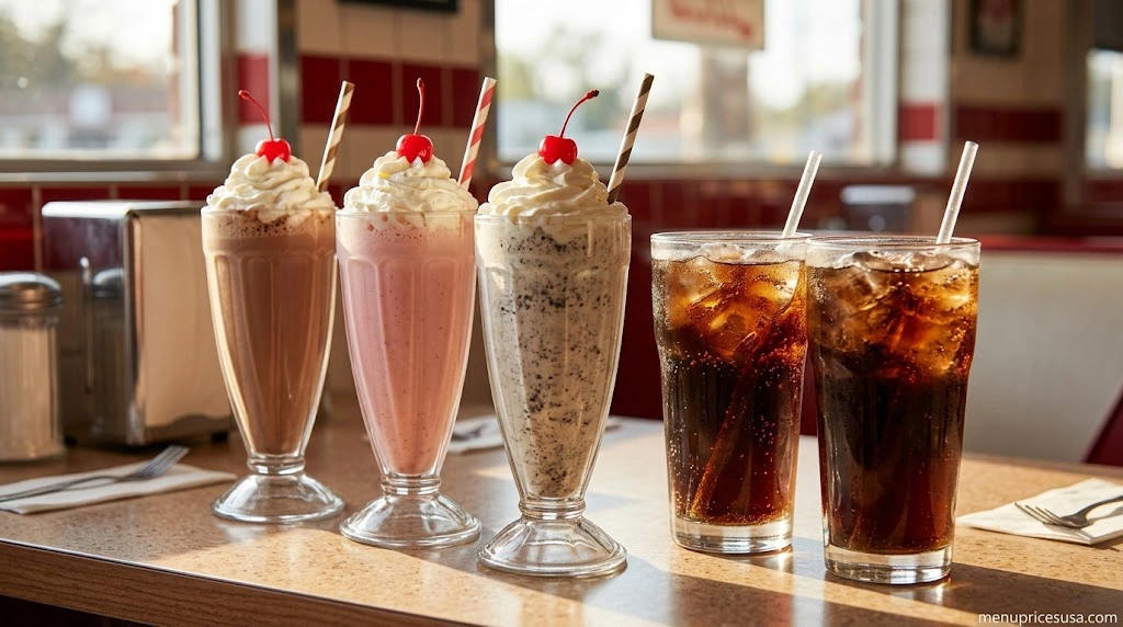 Half-price milkshakes and fountain drinks lined up on a diner counter in the afternoon