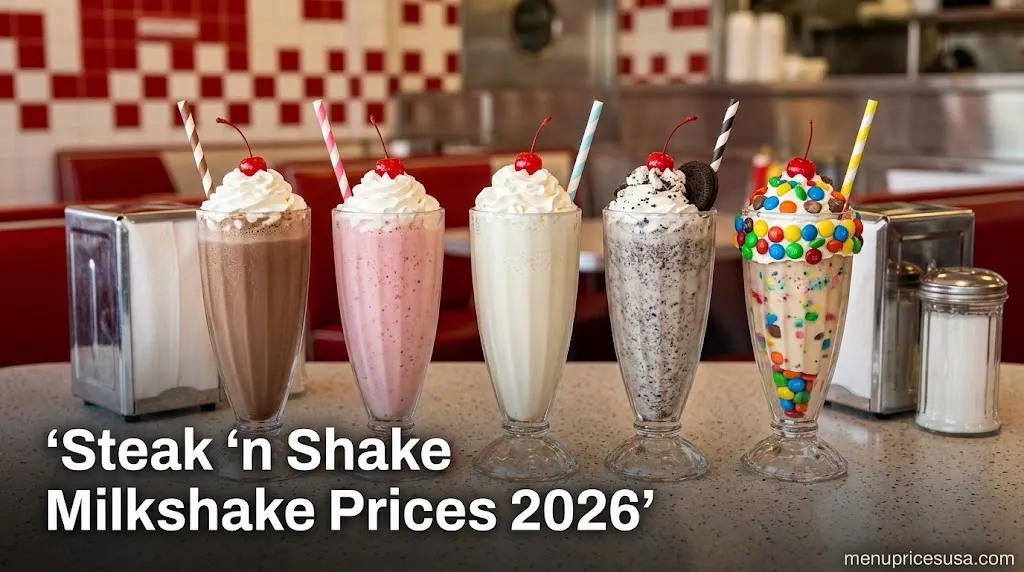 Steak 'n Shake Milkshake Prices 2026 hero image with several hand-dipped milkshakes topped with whipped cream and cherries