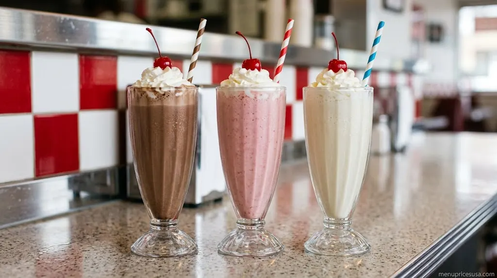 Chocolate, strawberry and vanilla milkshakes with whipped cream and cherries in tall glasses on a diner counter