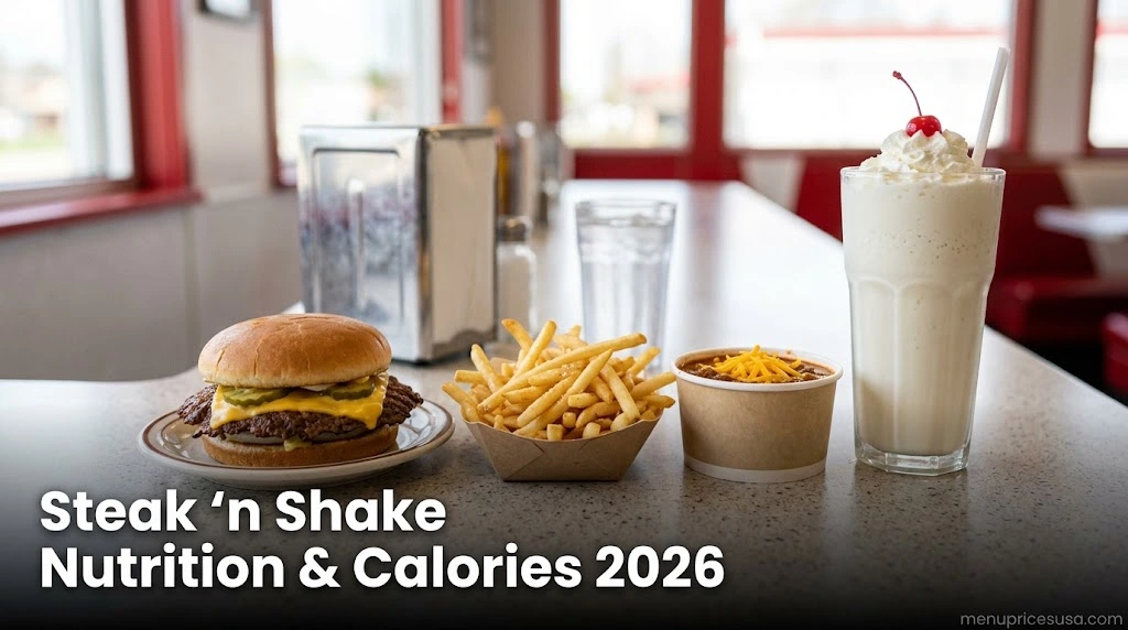 Steak 'n Shake Nutrition and Calories 2026 hero image with a steakburger, fries and a milkshake on a diner counter