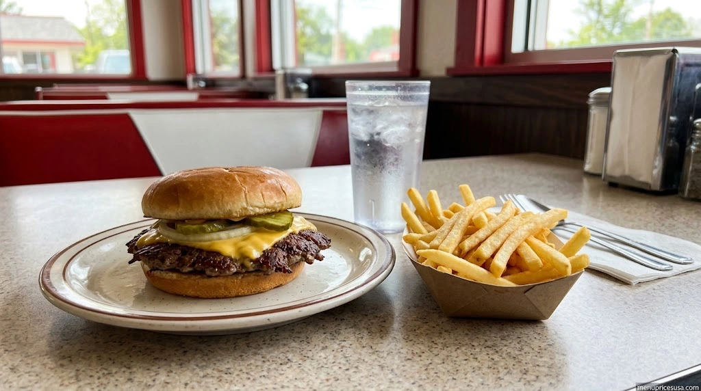 Single steakburger with cheese next to a small order of fries and a glass of water on a diner counter