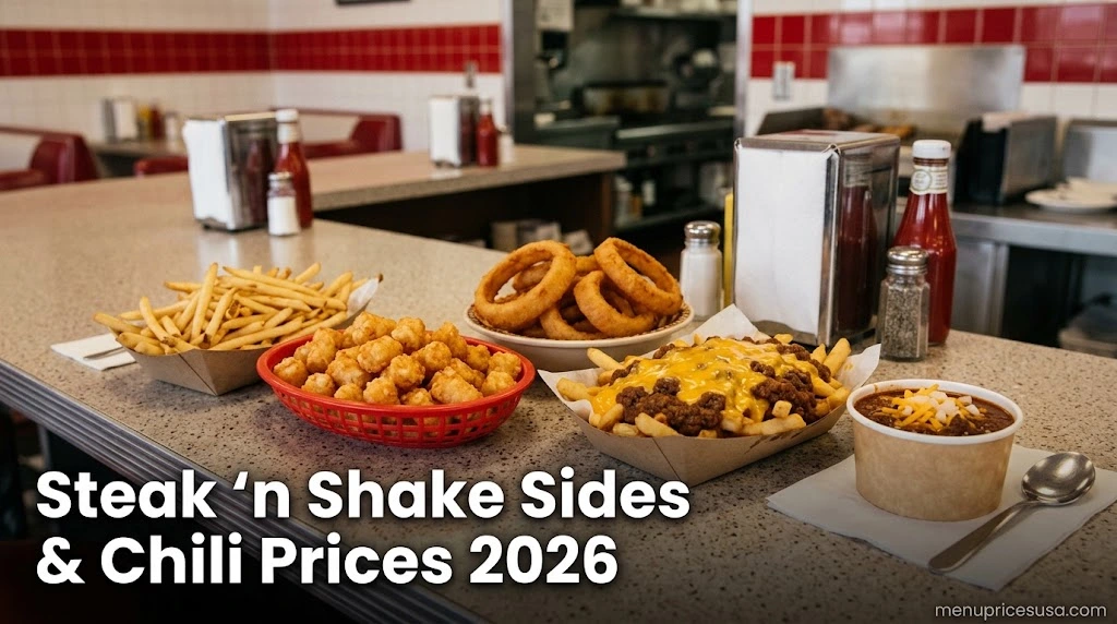 Steak 'n Shake Sides and Chili Prices 2026 hero image with beef tallow fries, tots, onion rings and chili on a diner counter