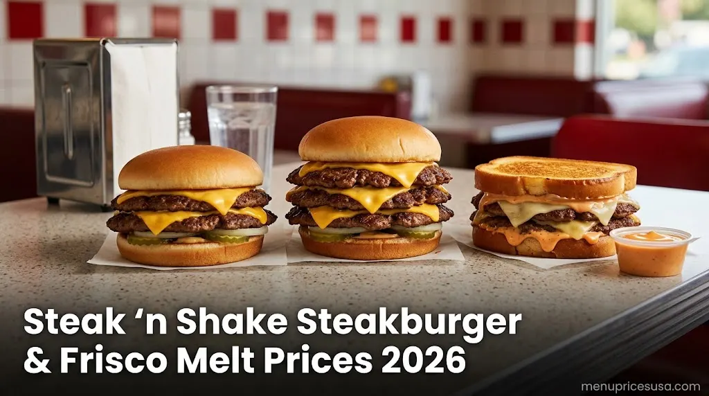 Steak 'n Shake Steakburger and Frisco Melt Prices 2026 hero image with double steakburgers and a Frisco Melt on a diner counter